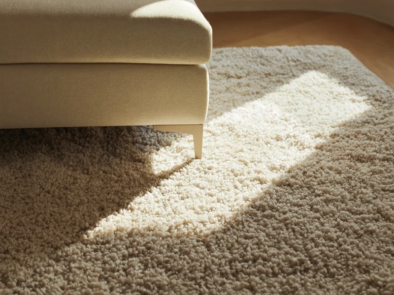 Cremefarbener Hochflor-Teppich neben einem Leinensofa im warmen Nachmittagslicht