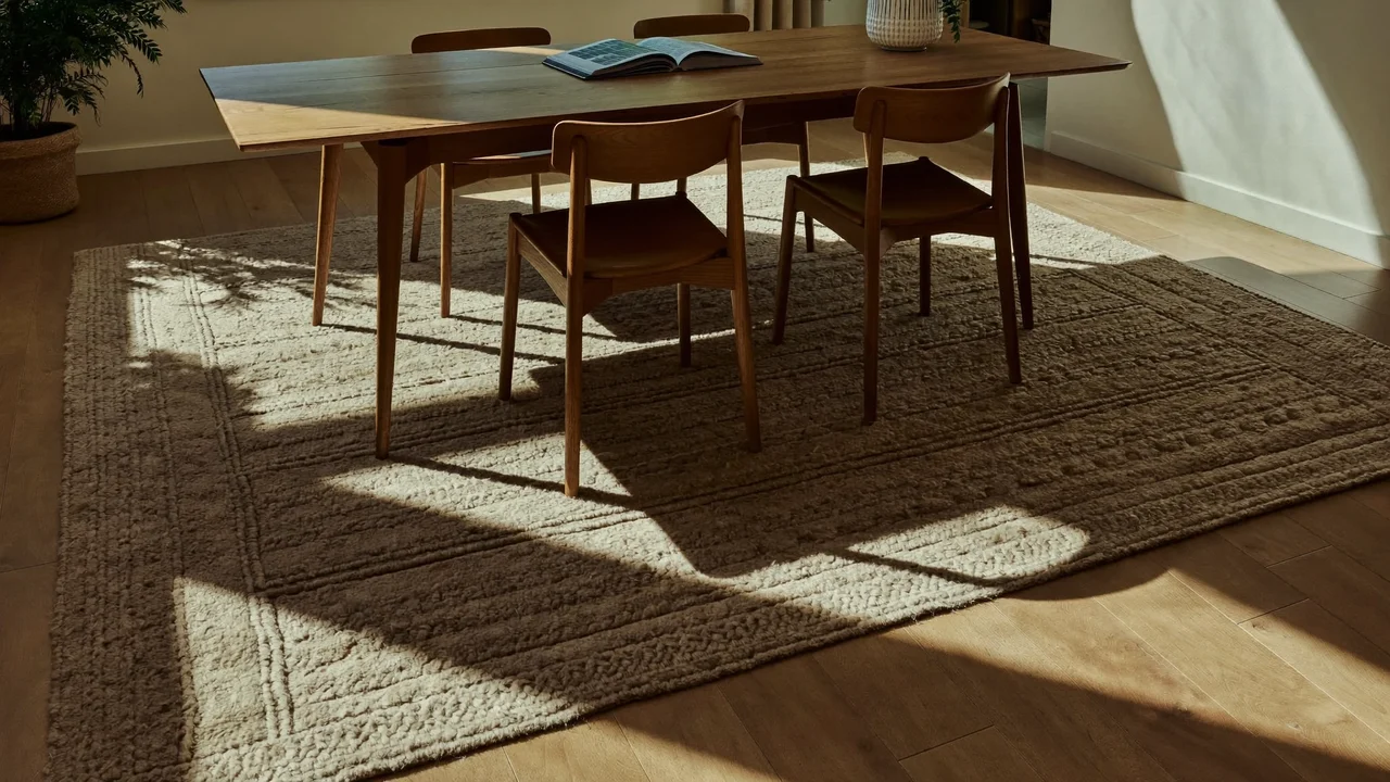 Esszimmer mit großem Wollteppich unter Holztisch und Stühlen im Morgenlicht