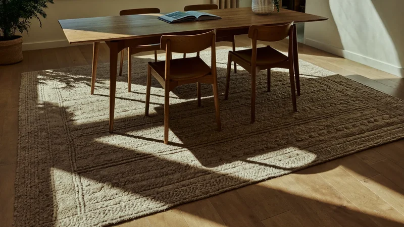 Esszimmer mit großem Wollteppich unter Holztisch und Stühlen im Morgenlicht